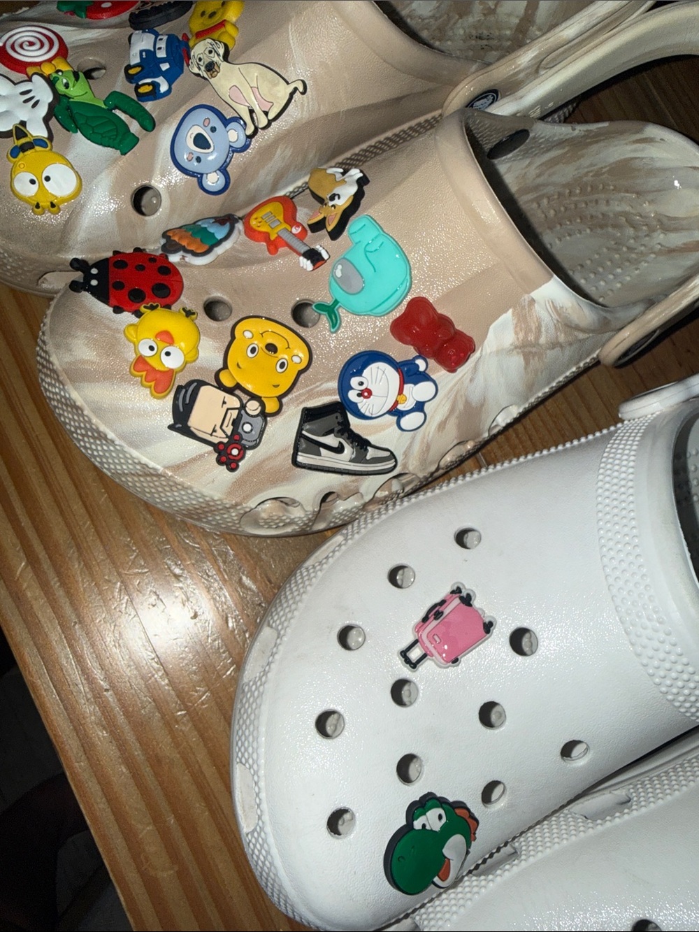 CROCS Women's Slip-On Clogs in White and Tan with Decorative Charms - Picture 2 of 3